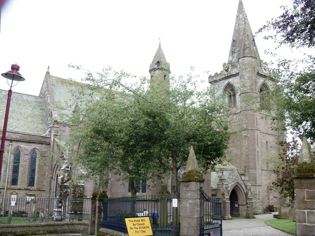 Brechin Cathedral precinct, with the west tower and stone spire rising above the entrance