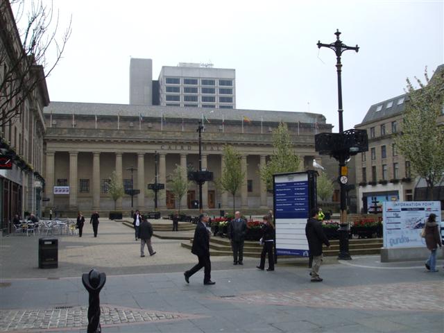Classical columned front of Caird Hall facing City Square in central Dundee