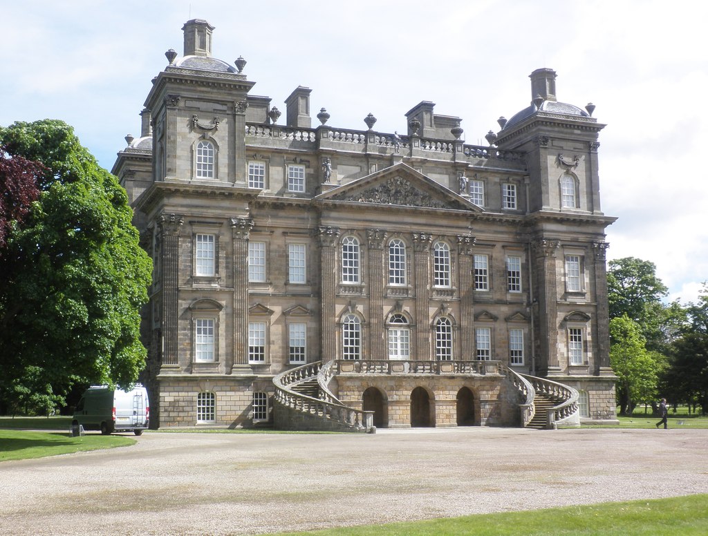 Symmetrical Baroque entrance front of Duff House, with coupled columns, corner towers and sweeping stairs