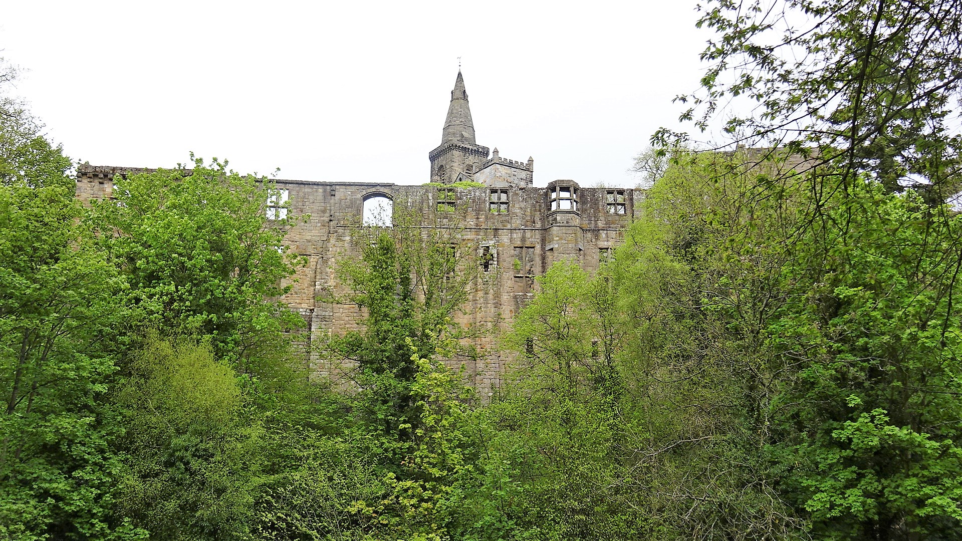 Ruined ranges of Dunfermline Palace and the abbey tower rising above trees in Pittencrieff Park