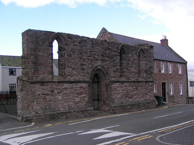 Ruined stone wall of Maison Dieu Chapel beside Maison Dieu Lane in Brechin