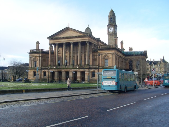 Paisley Town Hall viewed from Abbey Close, with its columned entrance, towers and ceremonial roofline