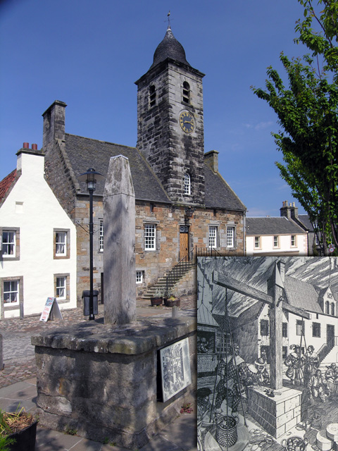 Culross Town House with its clock tower behind the replica Tron