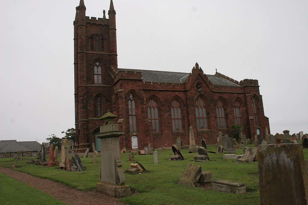 Dunbar Parish Church seen across its churchyard