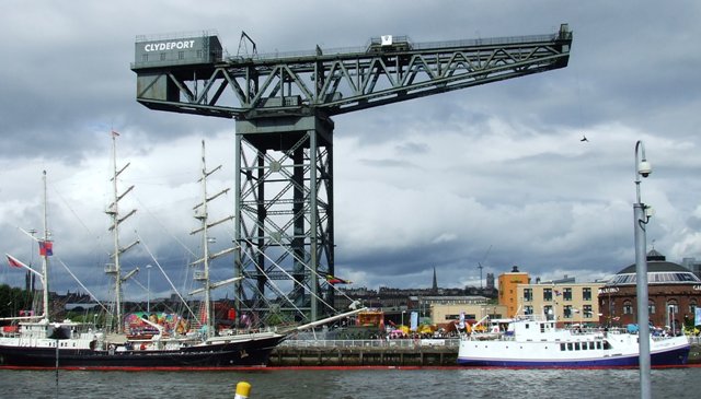 The Finnieston Crane rising above the River Clyde waterfront in Glasgow
