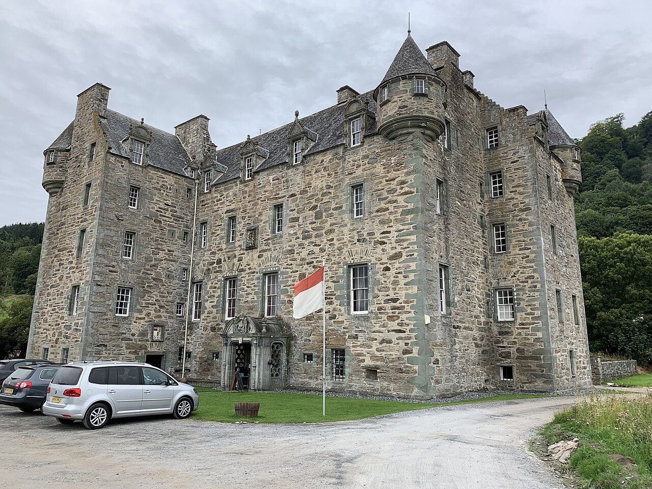 Castle Menzies viewed from the south-east, showing its long white-harled façade