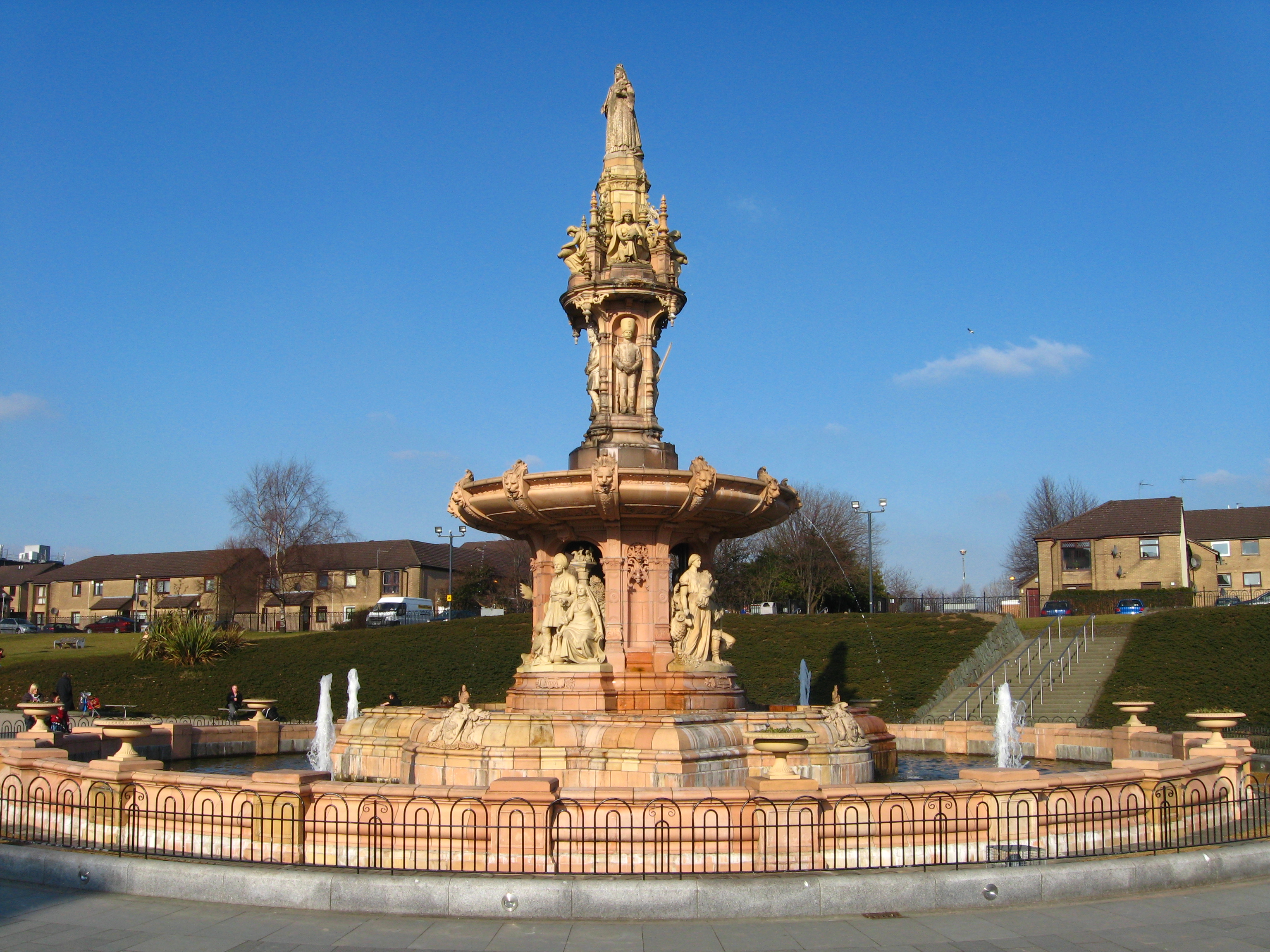 The terracotta Doulton Fountain on Glasgow Green, with its sculpted figures and central column