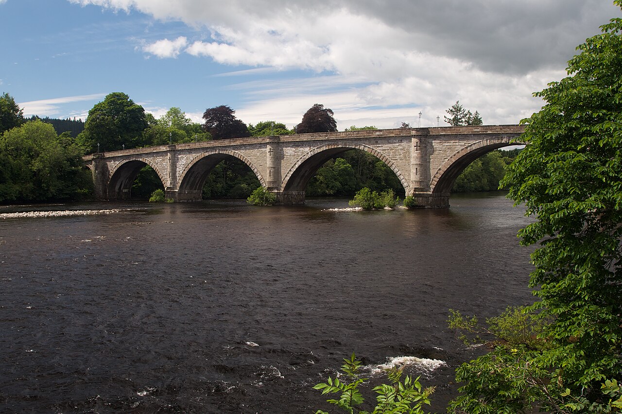 Dunkeld Bridge’s stone arches spanning the River Tay, viewed from the north-east