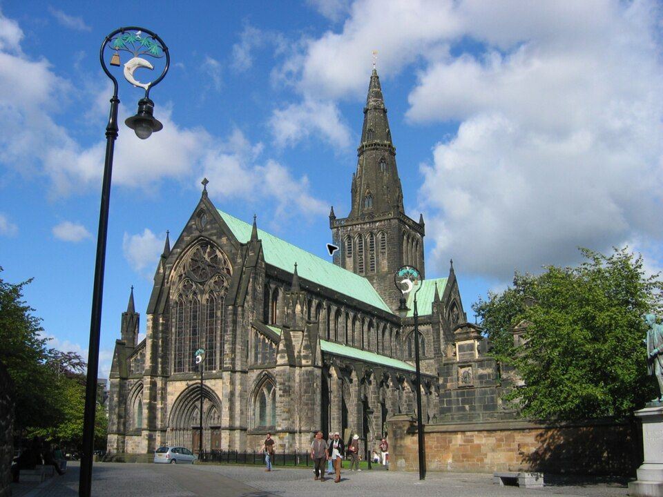 Glasgow Cathedral viewed from Cathedral Square, showing the medieval nave, choir and central spire