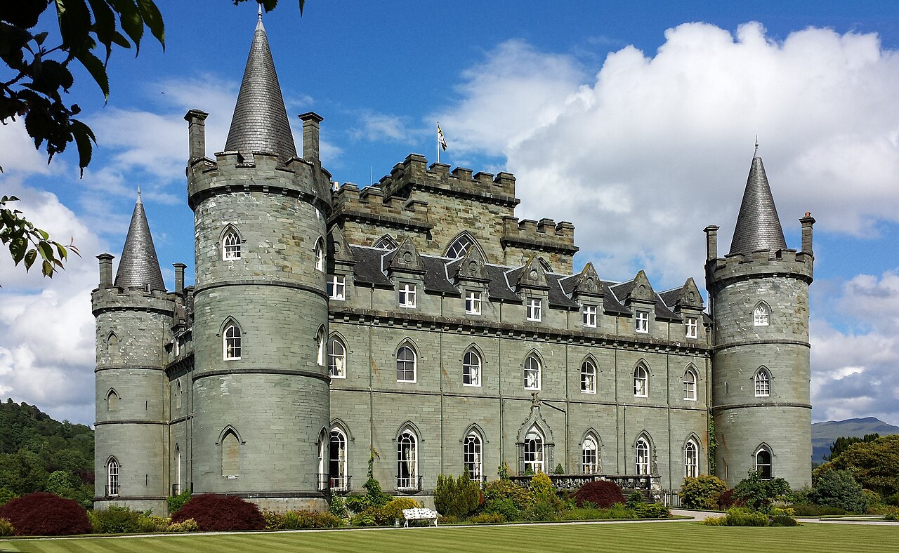 The south-west façade and round corner towers of Inveraray Castle