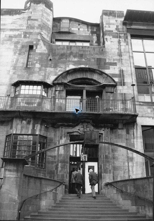 Historic entrance front of Charles Rennie Mackintosh’s Glasgow School of Art building on Renfrew Street