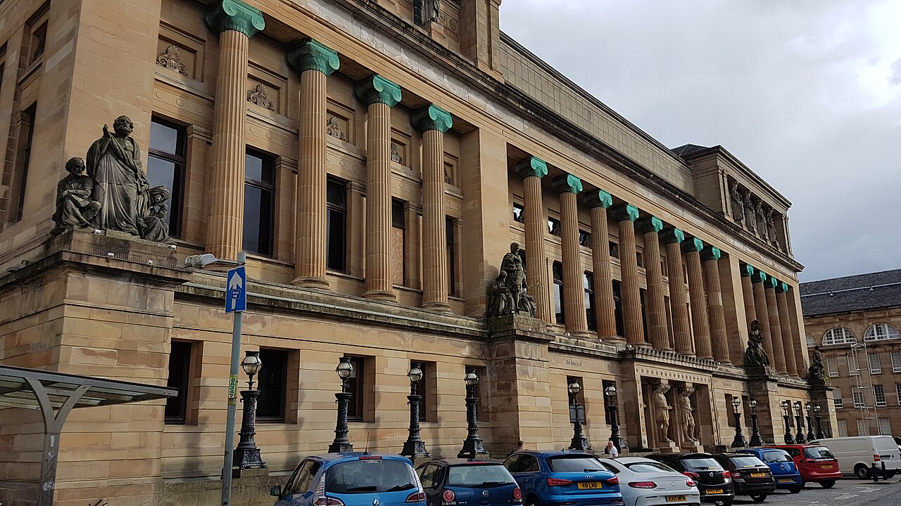 The monumental classical façade of the former St Andrew’s Halls, now part of the Mitchell Theatre and Library complex