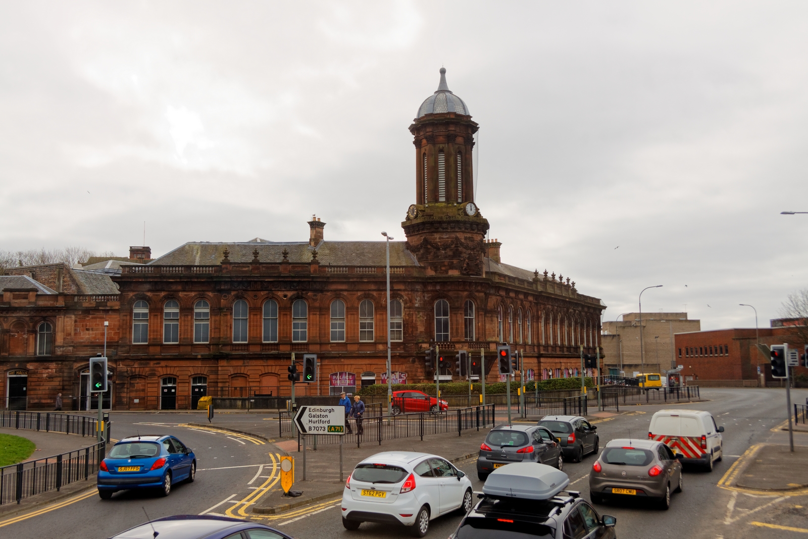 Palace Theatre and former Corn Exchange in Kilmarnock, with its tall clock tower
