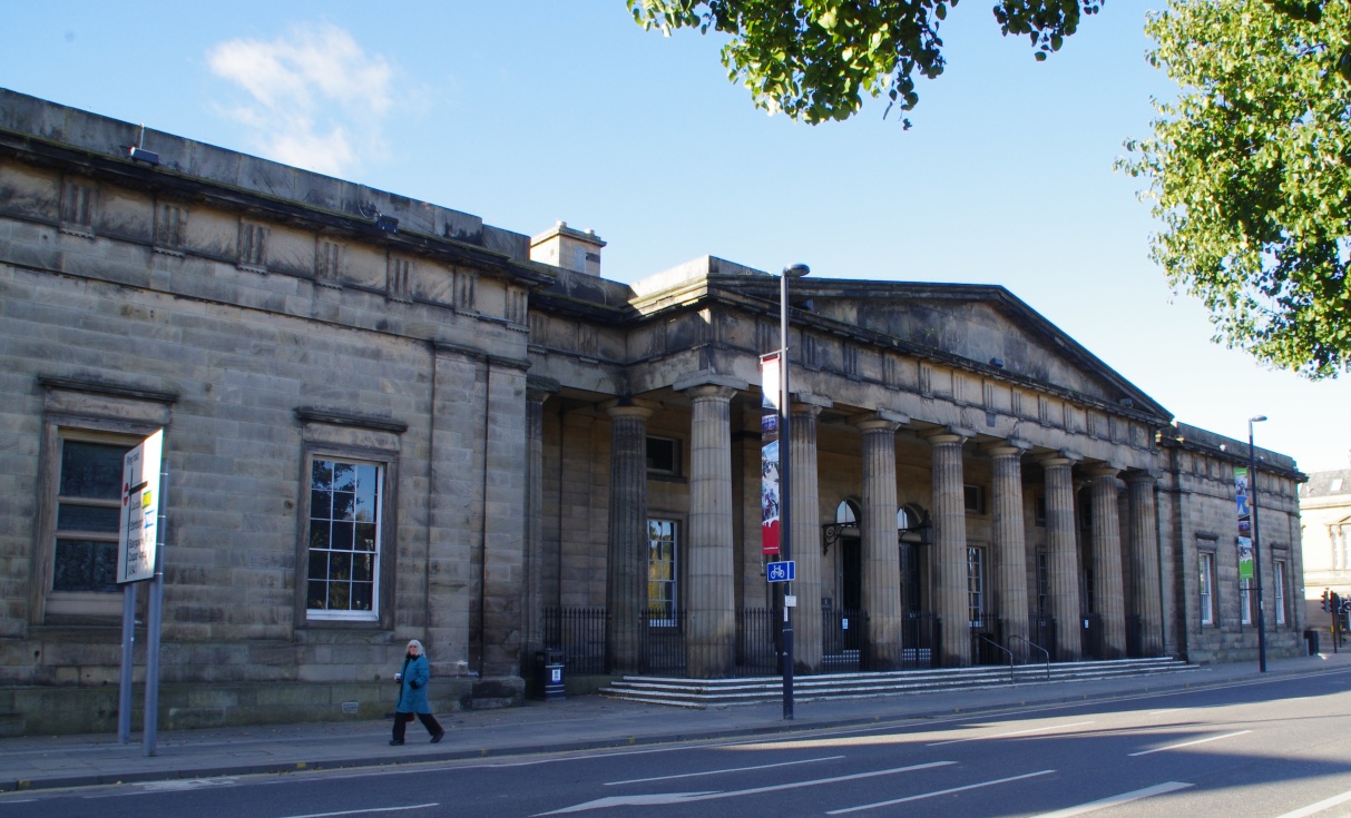 Perth Sheriff Court’s Greek Revival riverfront elevation and Doric colonnade on Tay Street.