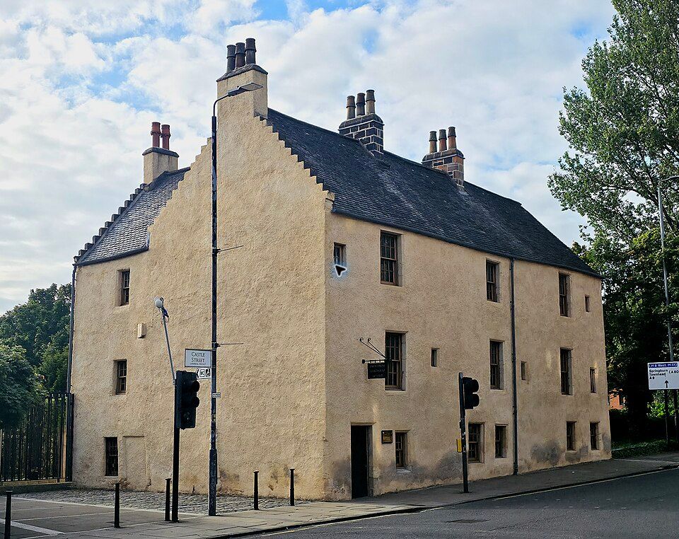 Provand’s Lordship on Castle Street, Glasgow, showing the restored roughcast exterior and steep roofs