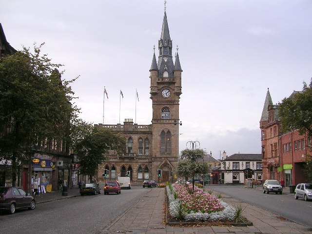 Renfrew Town Hall, showing its ornate stone frontage and clock tower