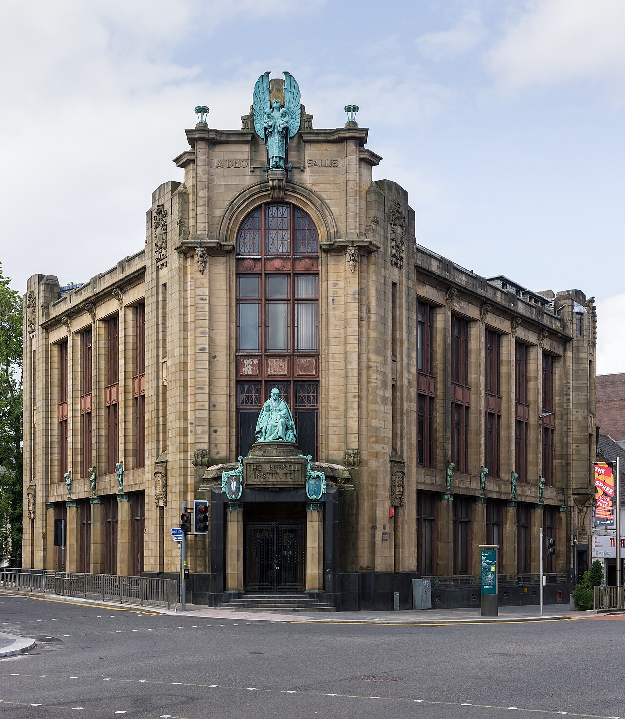 The Russell Institute in Paisley, showing its sculptural entrance front and corner tower.