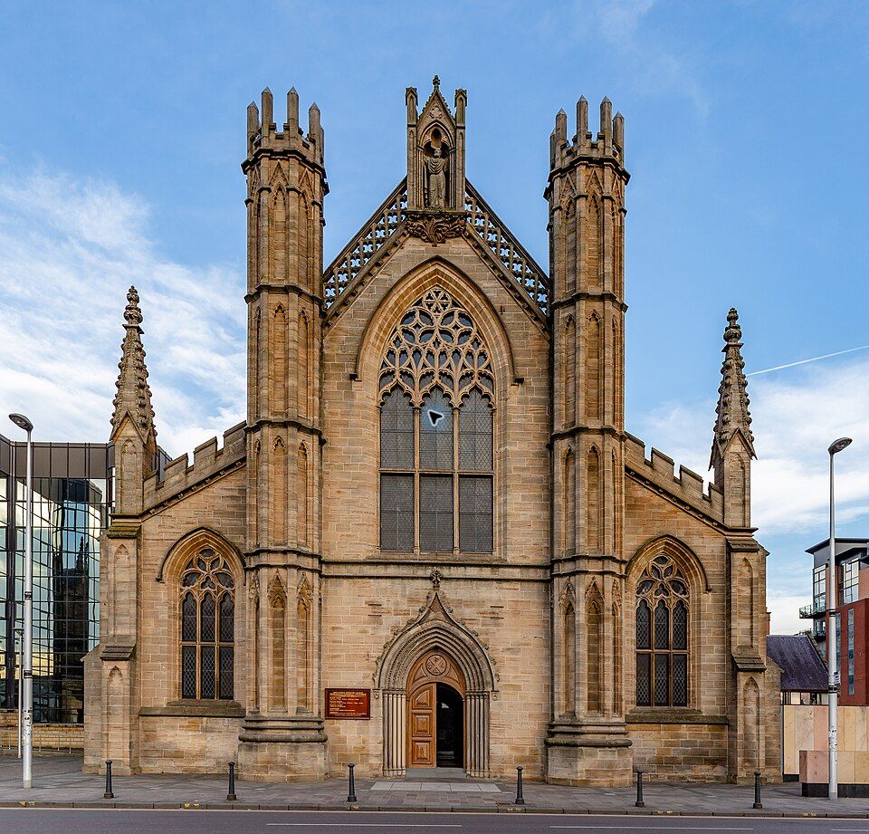 Front elevation of St Andrew’s Roman Catholic Cathedral in Glasgow, with traceried window and pinnacles