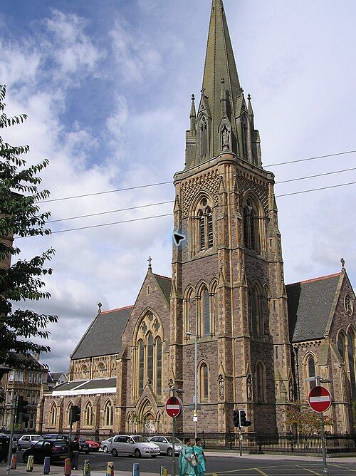 St Mary’s Episcopal Cathedral in Glasgow, showing the Gothic Revival church and tall central spire