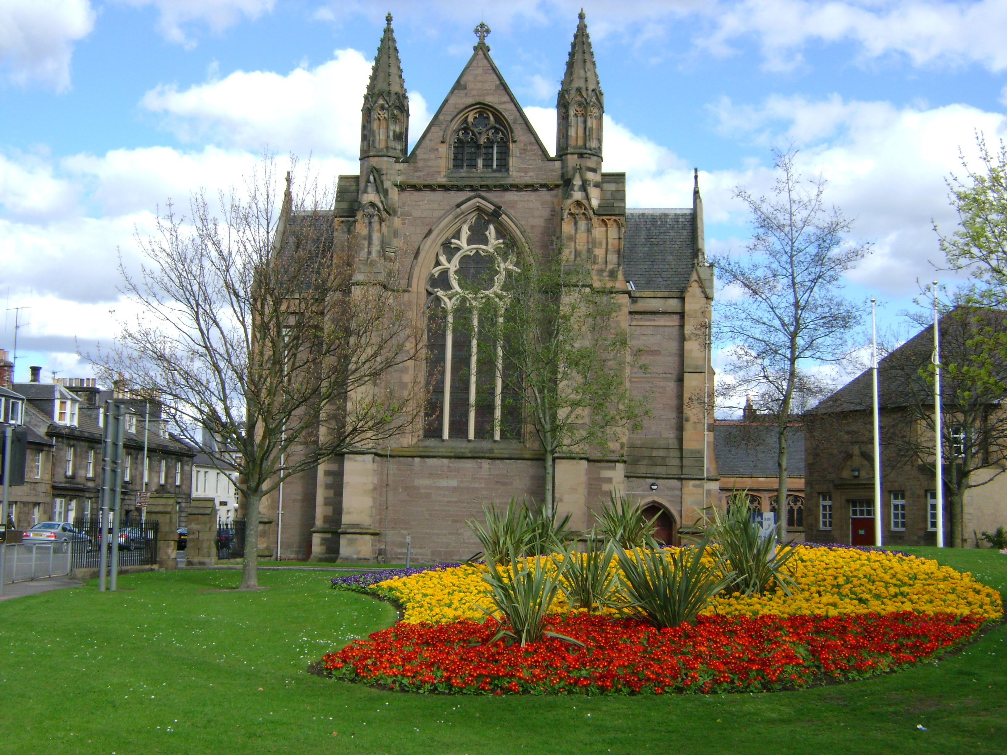 St Ninian’s Cathedral in Perth, showing the stone Gothic exterior from Atholl Street