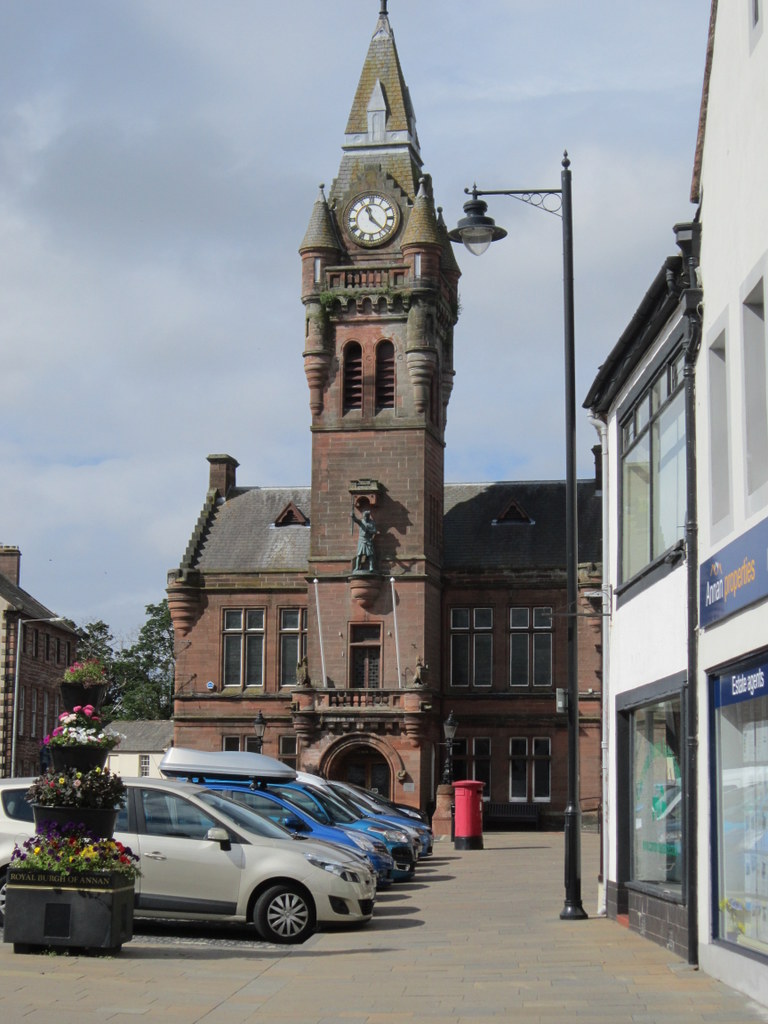Annan Town Hall on the High Street, viewed from the public realm.