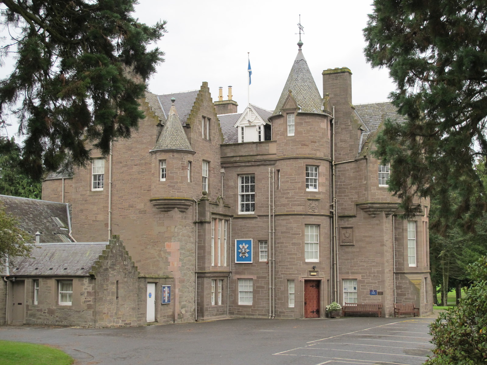 Balhousie Castle in Perth, showing its rubble walls, gables, turrets and Baronial silhouette.