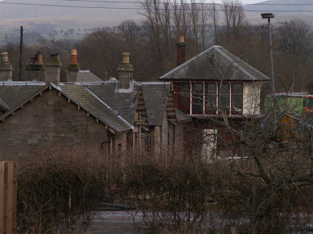 The former Biggar railway station building and signal box.