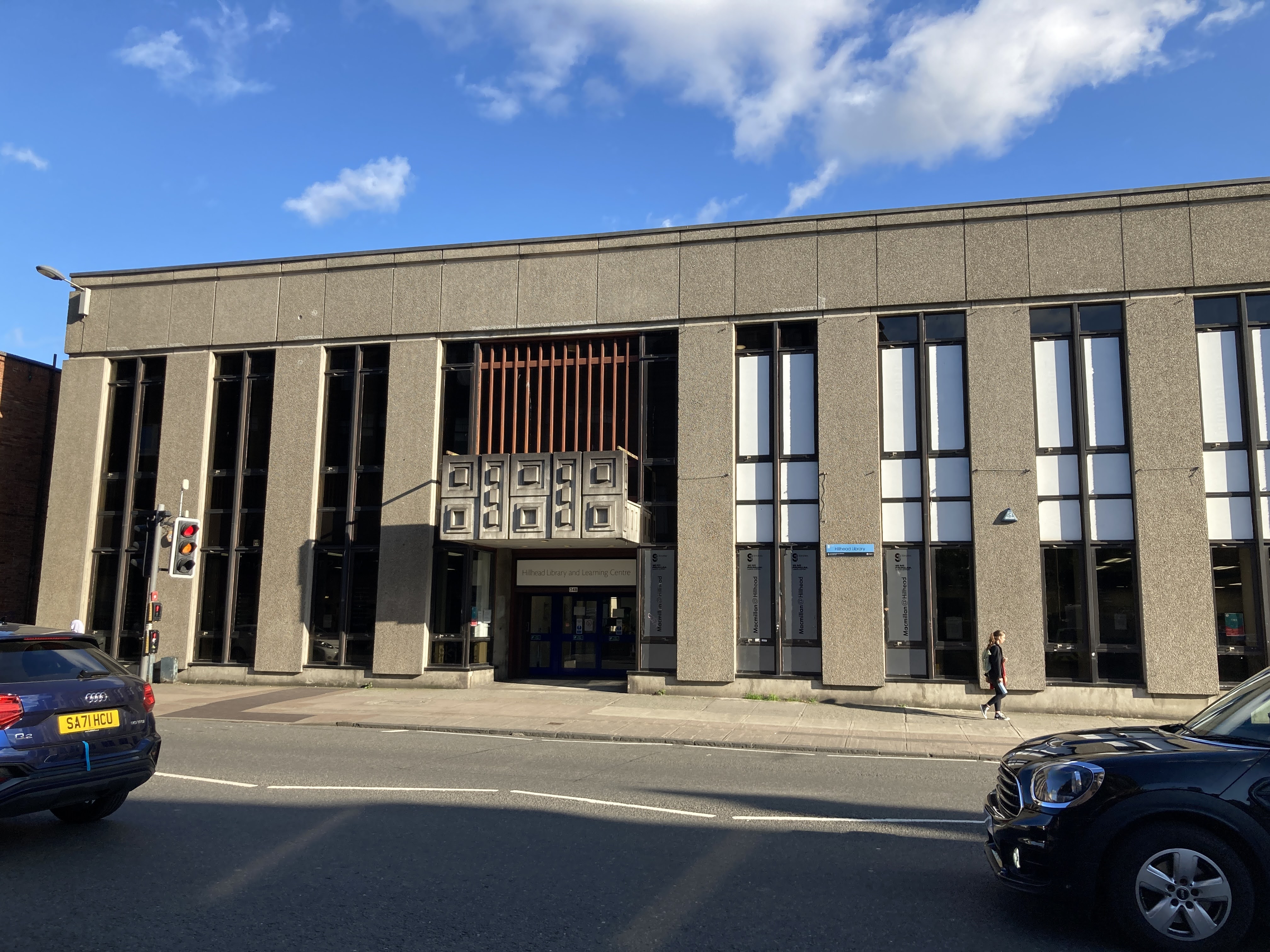 Hillhead Library’s modernist concrete frontage and main entrance on Byres Road.
