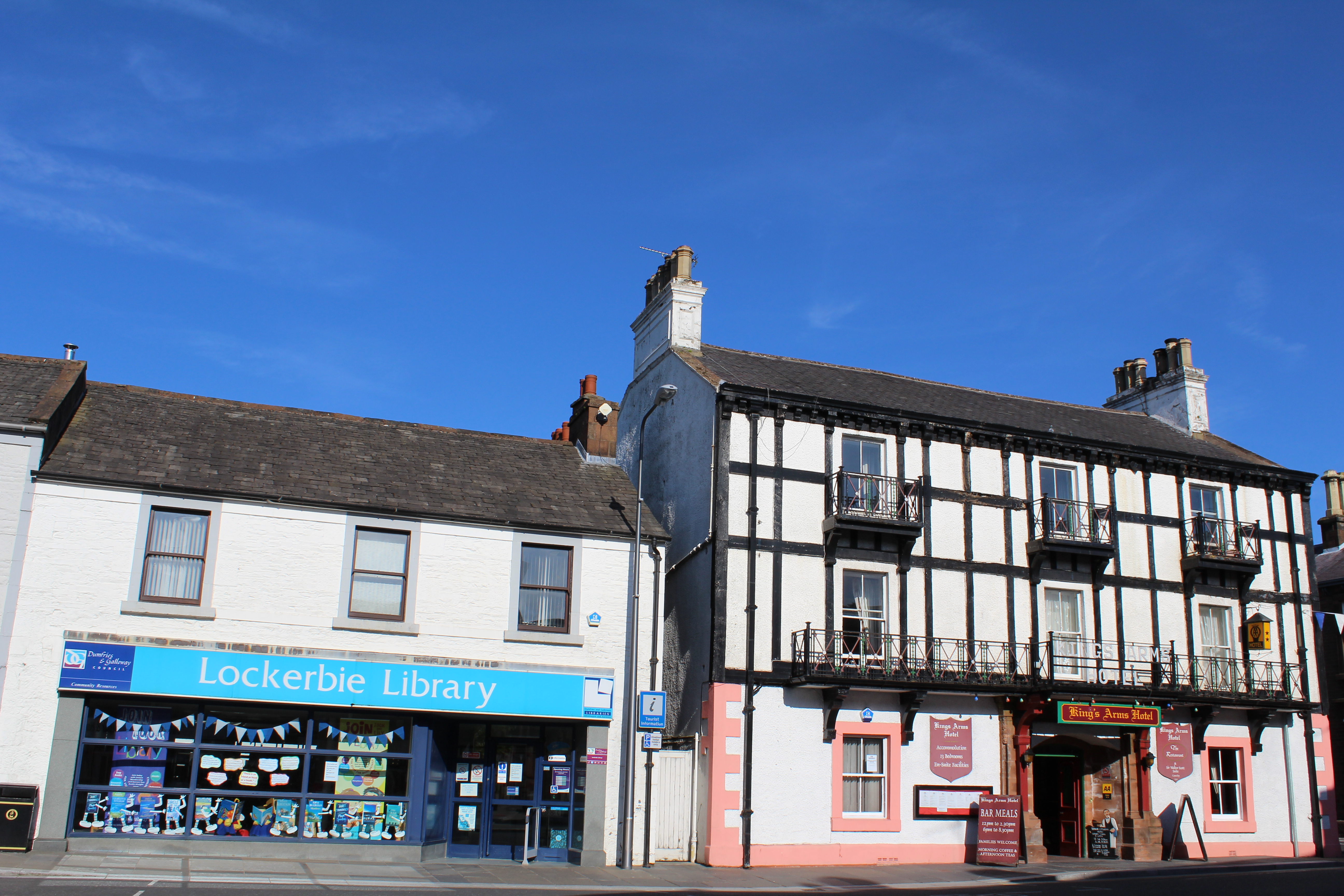 Lockerbie Library on Bridge Street beside the King's Arms Hotel, viewed across the town-centre street