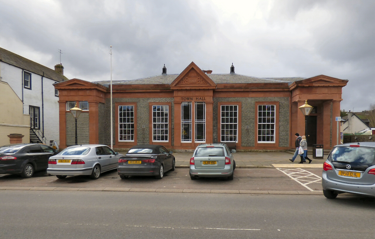 Classical front of Moffat Town Hall on the High Street