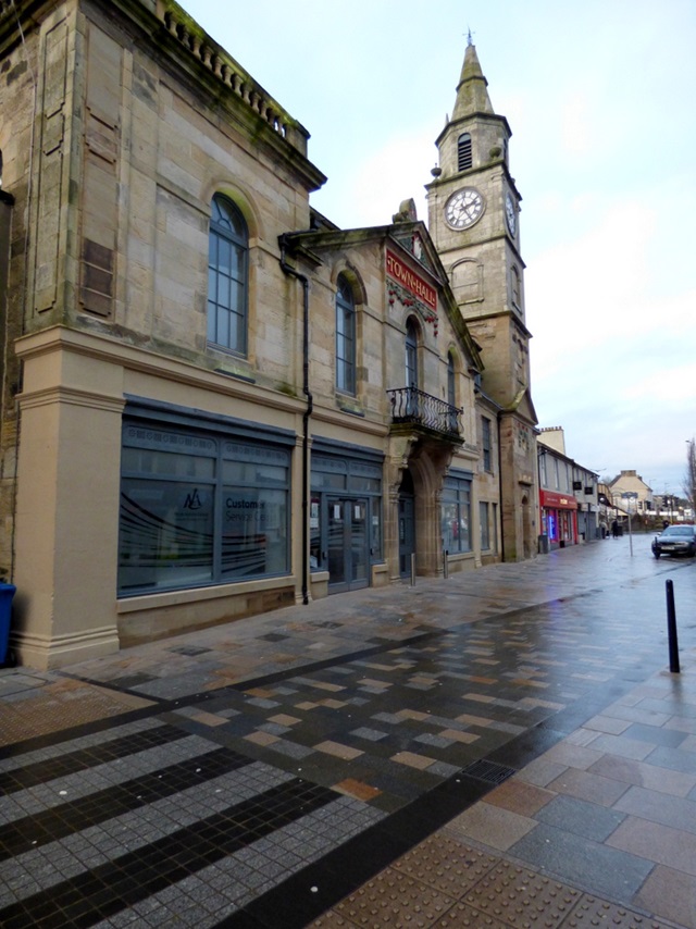 Saltcoats Town Hall on Countess Street, showing its stone frontage and prominent clock tower