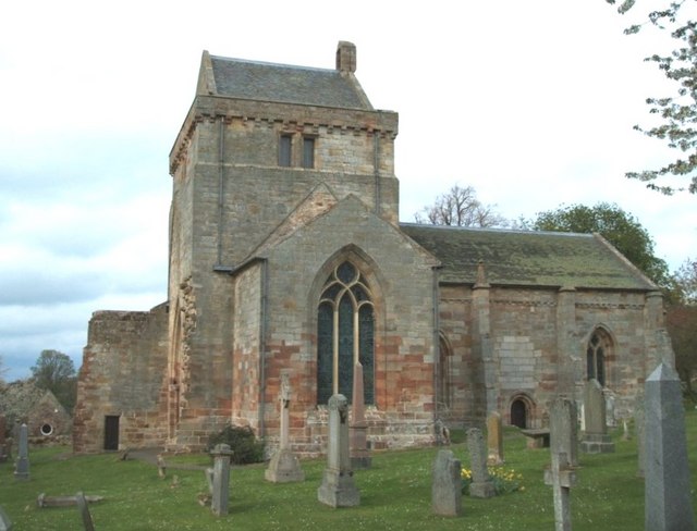 Crichton Collegiate Church from the south, showing its stone nave, transepts and central tower.