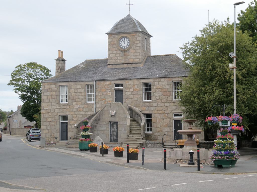 Kintore Town House in The Square, showing its granite walls, broad external stair and clock tower.