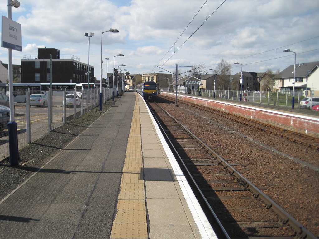 Lanark Railway Station, showing the station building and platform elevation
