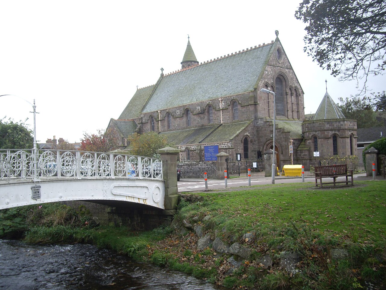 St James the Great Episcopal Church in Stonehaven beyond the footbridge over the River Carron.
