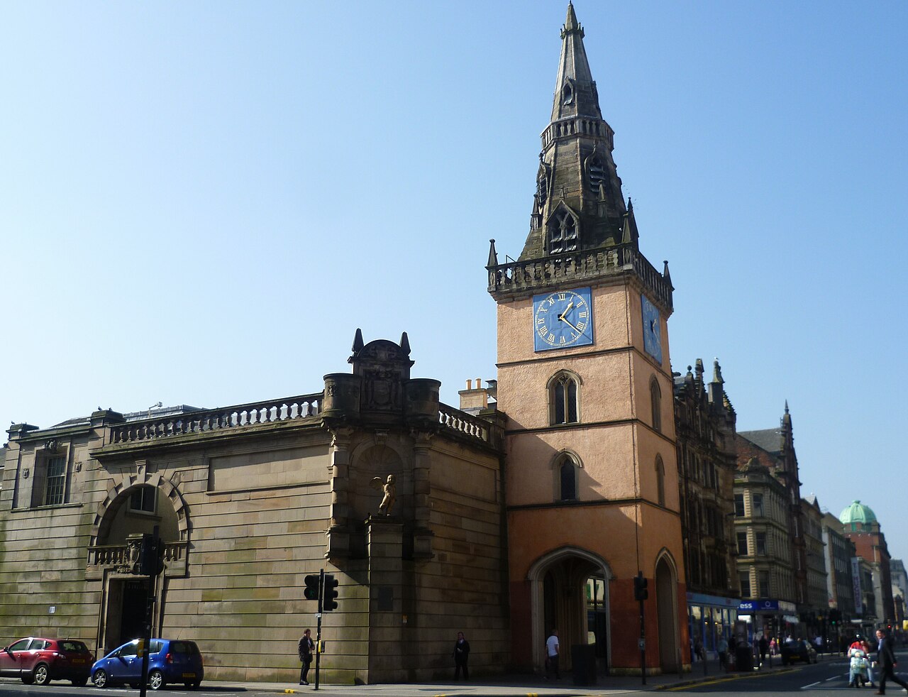 The Tron Theatre’s stone corner façade and clock tower at the junction of Trongate and Chisholm Street, Glasgow.